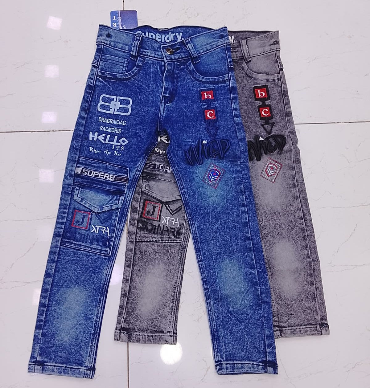 Boys' Graphic Print Denim Jeans – Funky Patchwork Slim Fit Pants - 1018